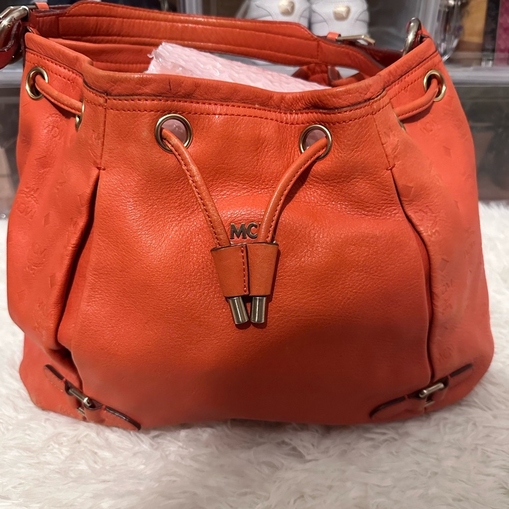 MCM Orange Leather Hobo Bag with Gold Details